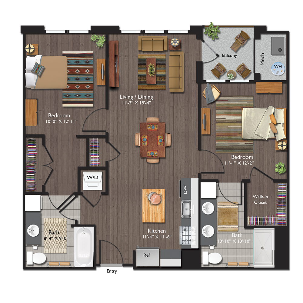 Floor plan for 2 beds, 2 baths, 972 sqft